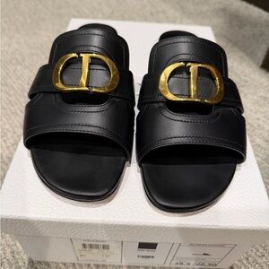 Dior Black Montaigne 30 Leather Slide Sandals with Gold Logo Accent